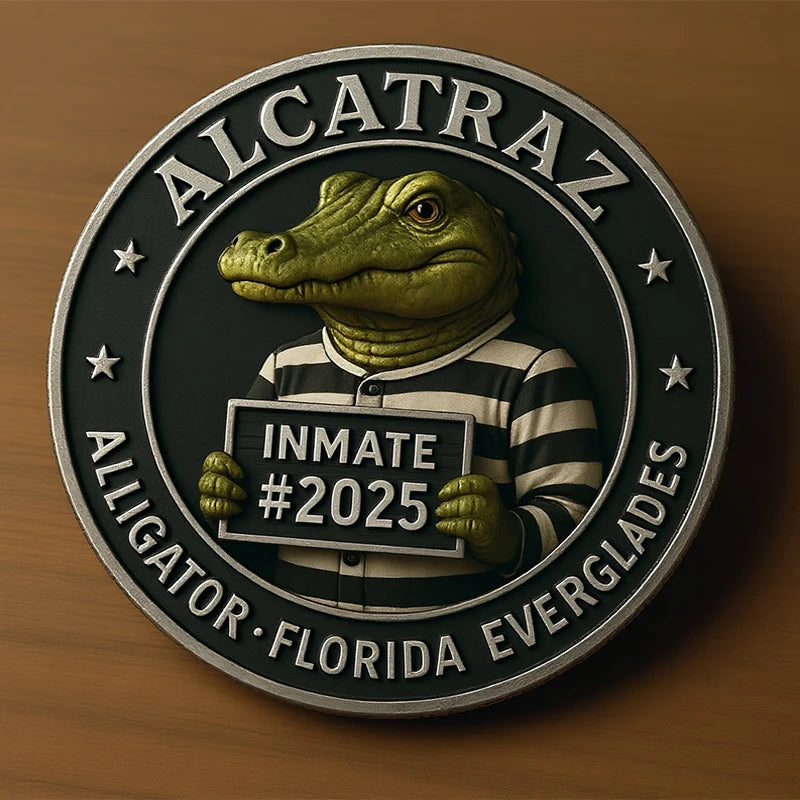 A collectible coin featuring a green alligator head wearing a striped shirt, with the text Alcatraz and Alligator Florida Eve