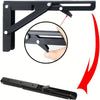 Two black heavy-duty foldable wall-mounted shelf brackets shown with an inset detail of the mounting mechanism.