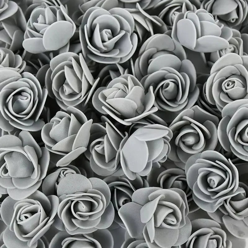 A bulk pack of realistic gray foam rose flowers for weddings and events.