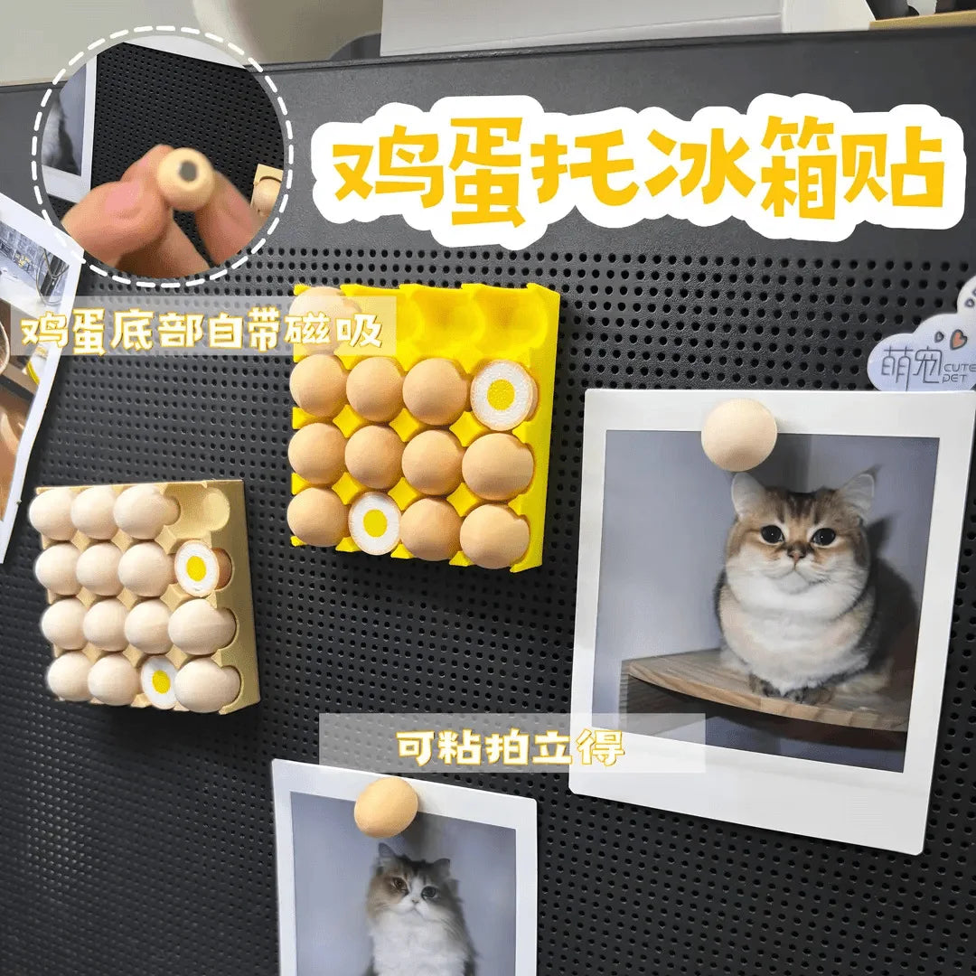 A yellow tray filled with small wooden eggs, used for fridge decor.