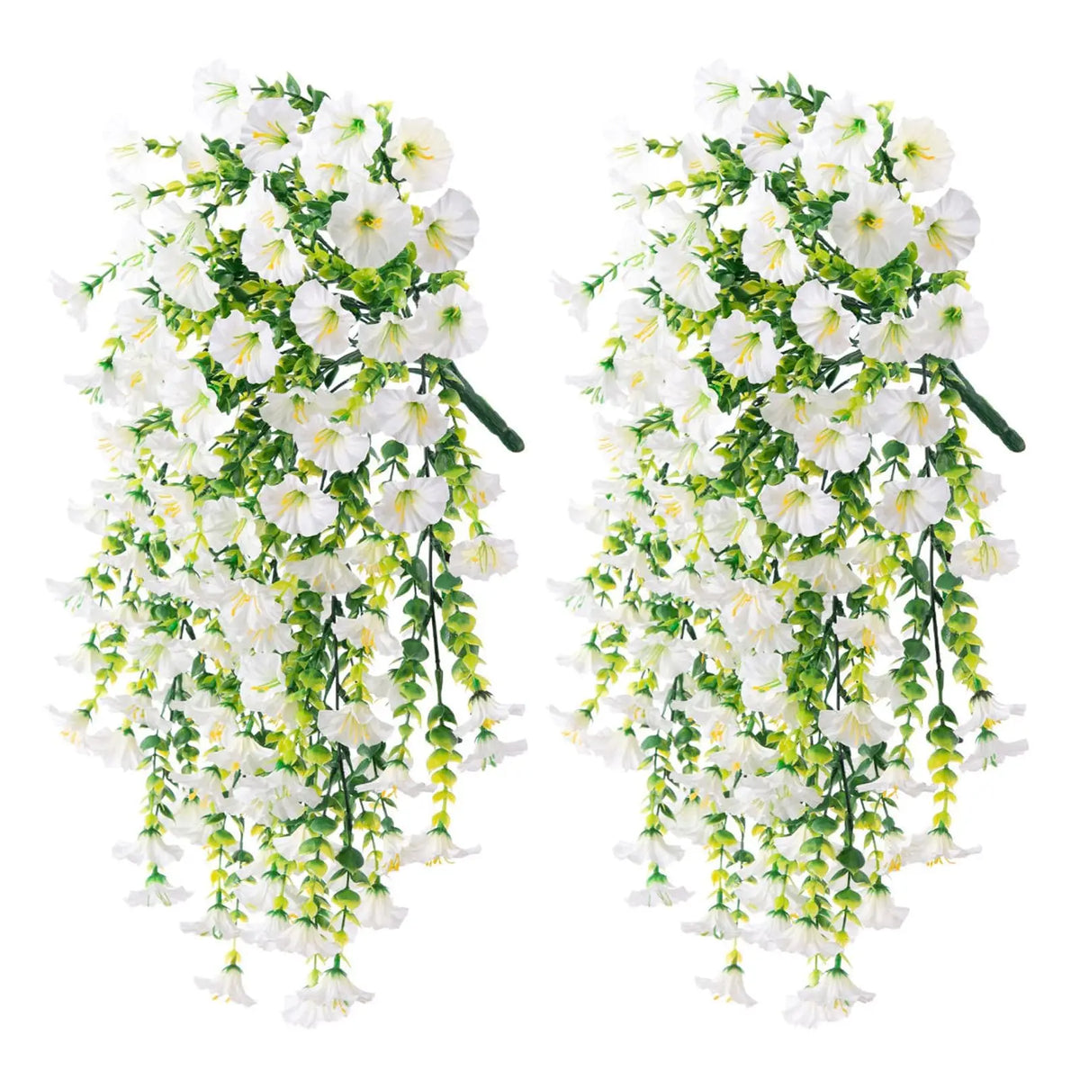 A pair of artificial morning glory hanging flowers with white blossoms and green vines.