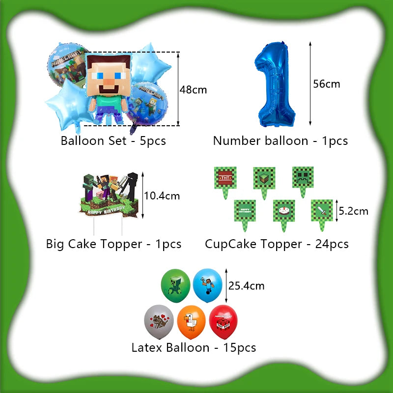 A collection of birthday party decorations including a balloon set, number balloons, cake toppers, and latex balloons.