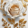 Una rosa blanca rodeada de hojas y ramas doradas sobre un fondo gris claro.