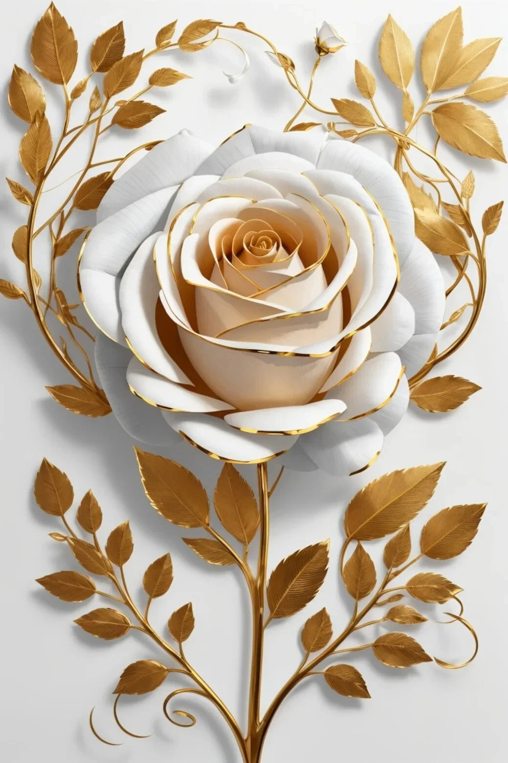 Una rosa blanca rodeada de hojas y ramas doradas sobre un fondo gris claro.