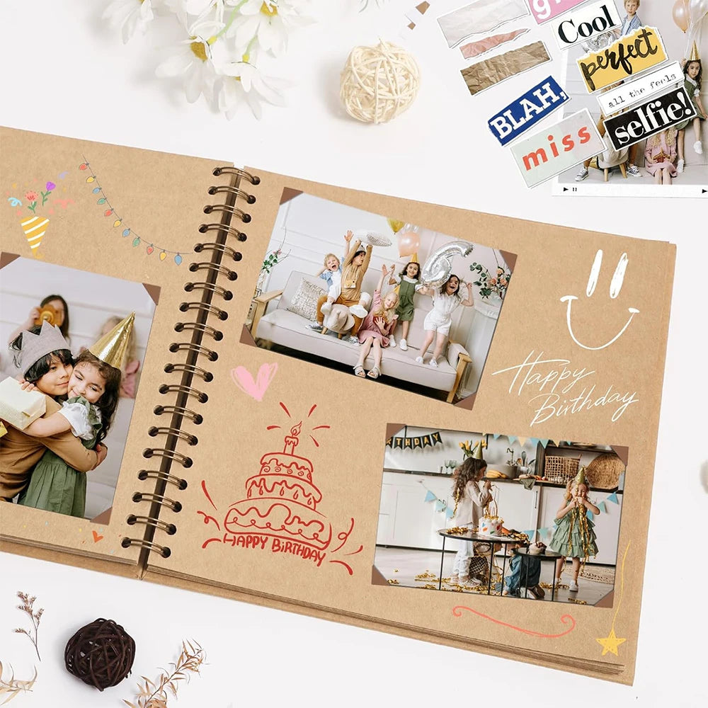 A spiral-bound kraft paper scrapbook featuring birthday and DIY memory keeping elements like glitter, leaves, and photos.