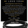Black braided leather cuff bracelet with 'I love you forever' engraving