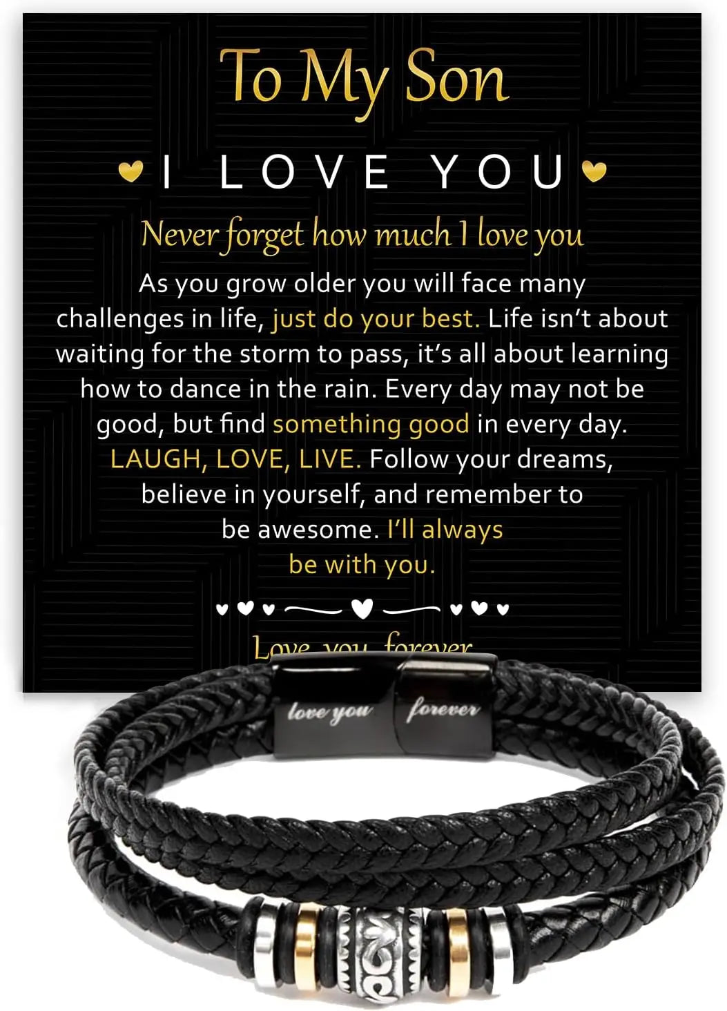 Black braided leather cuff bracelet with 'I love you forever' engraving