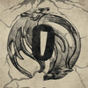 A black silhouette of a samurai dragon head forms the number zero on a textured paper background.