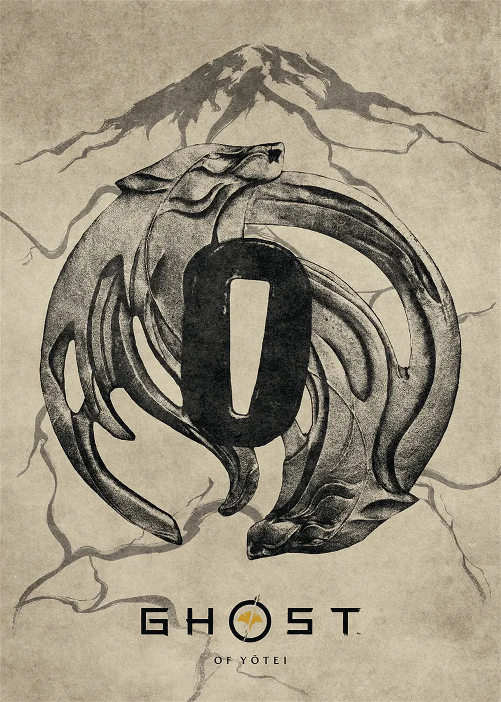 A black silhouette of a samurai dragon head forms the number zero on a textured paper background.