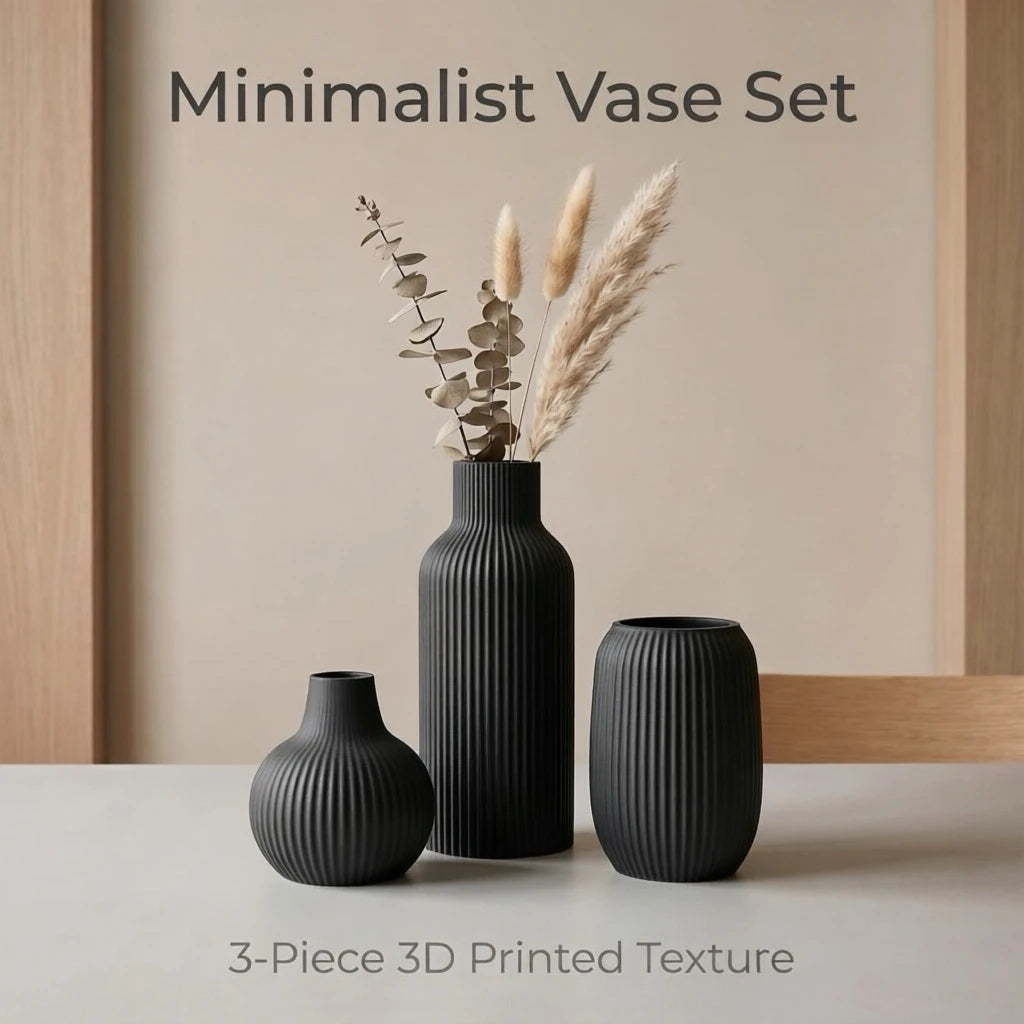 A set of three matte black ceramic vases with vertical ribbed texture displayed on a light surface.