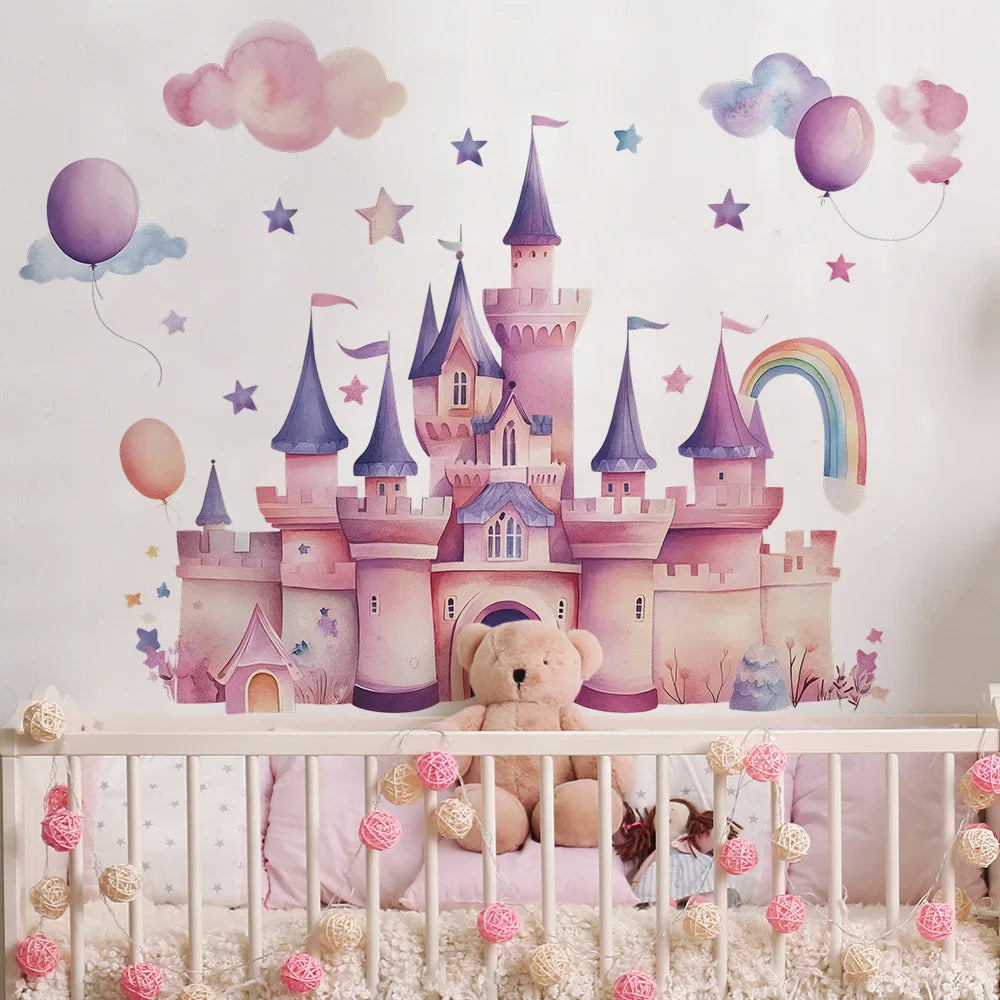 Pink castle wall decals featuring a large castle structure and balloons with a teddy bear in a nursery setting