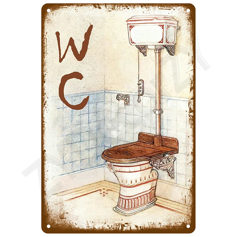 A vintage tin sign featuring the letters WC and an illustration of a restroom sink and toilet.