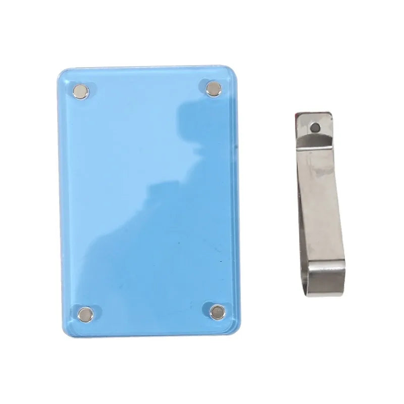A light blue plastic photo frame clip with silver mounting hardware.