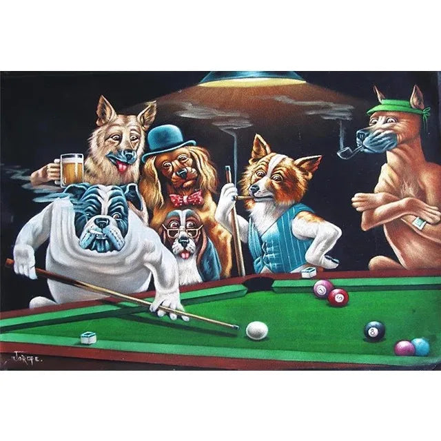 A painting of several dogs playing poker on a green felt table with various colored balls.