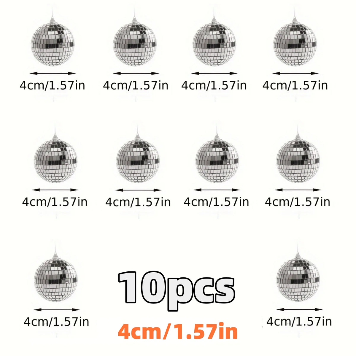 A set of ten silver mini disco ball ornaments, each measuring 4cm by 1.57in.