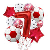 A collection of red and white football-shaped foil balloons, including a number seven balloon and star shapes.
