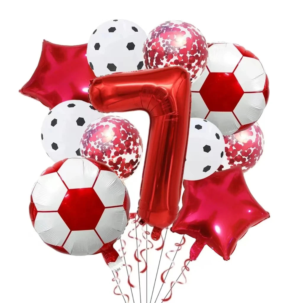 A collection of red and white football-shaped foil balloons, including a number seven balloon and star shapes.
