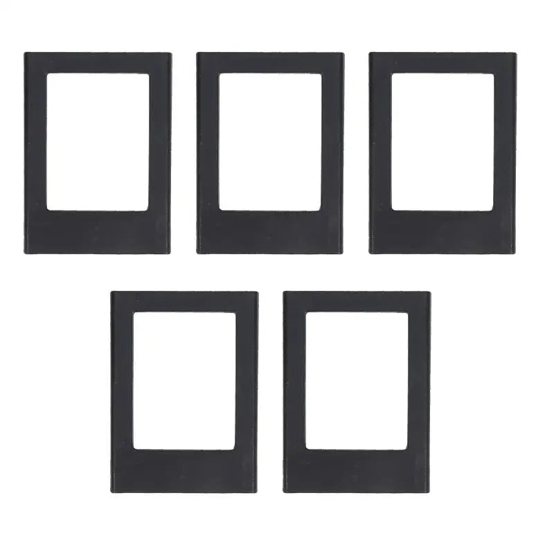 A set of five black rectangular photo frame magnets.
