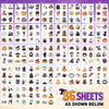 A grid of 36 sheets of glow-in-the-dark Halloween temporary tattoos featuring various spooky and cute designs.