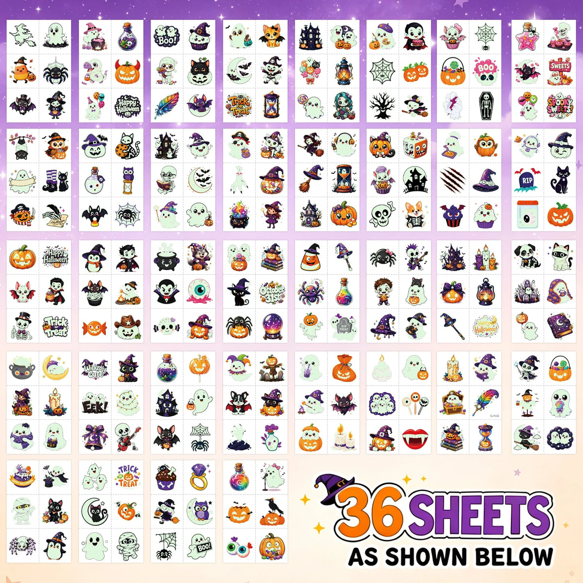 A grid of 36 sheets of glow-in-the-dark Halloween temporary tattoos featuring various spooky and cute designs.