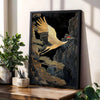 Black framed canvas art depicting a golden crane in flight against a dark, textured background.