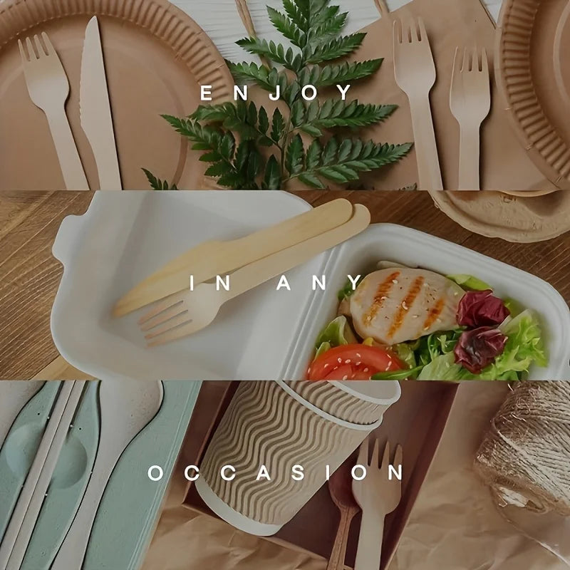 A flat lay showing various eco-friendly wooden cutlery sets and a fresh salad on a wooden table.