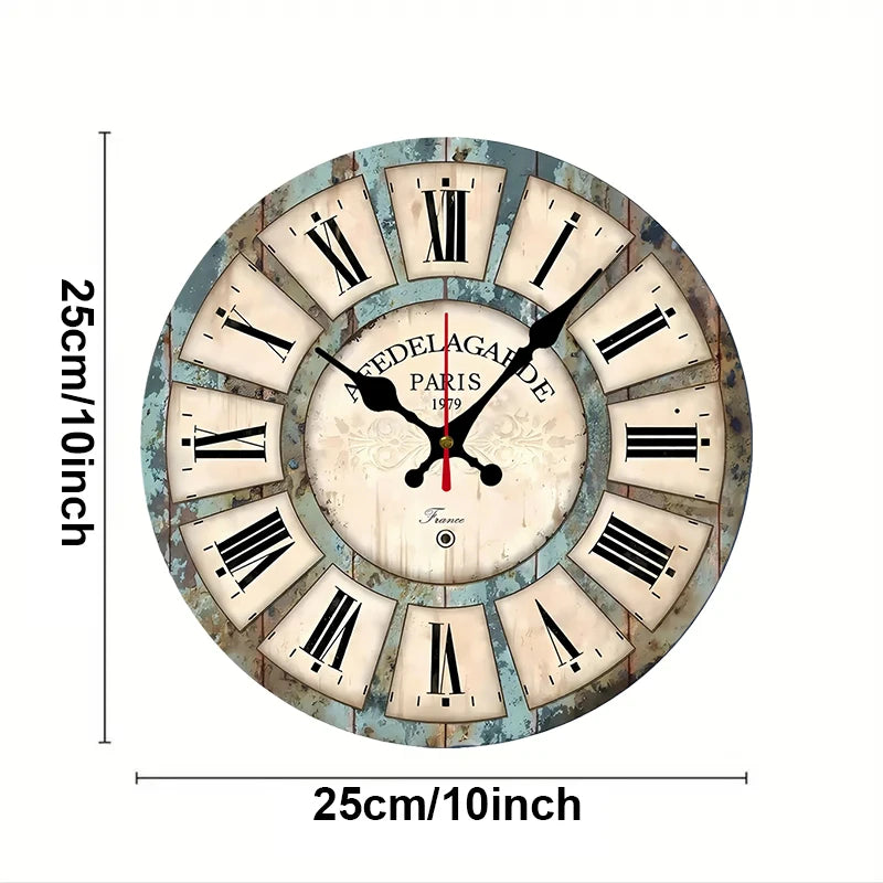 A round wooden wall clock with Roman numerals and a distressed finish, featuring the text 'PARIS 1799' and a clock face.