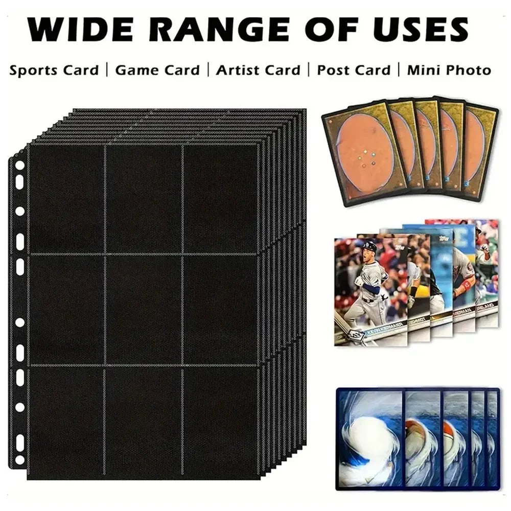 A black trading card refill page with various cards and photo inserts displayed alongside a stack of cards.