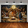 A painting depicting a nativity scene with angels, shepherds, and sheep under a bright star in a rustic setting.
