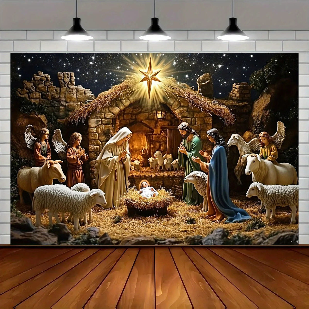 A painting depicting a nativity scene with angels, shepherds, and sheep under a bright star in a rustic setting.