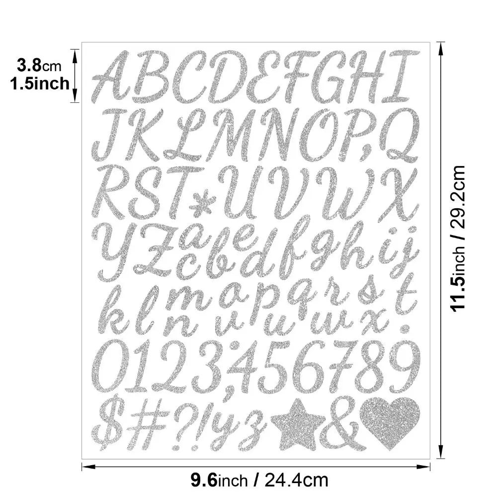 A sheet of glitter alphabet letter stickers showing uppercase and lowercase letters and numbers