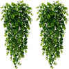 Two vertical strands of artificial eucalyptus leaves used for home decor