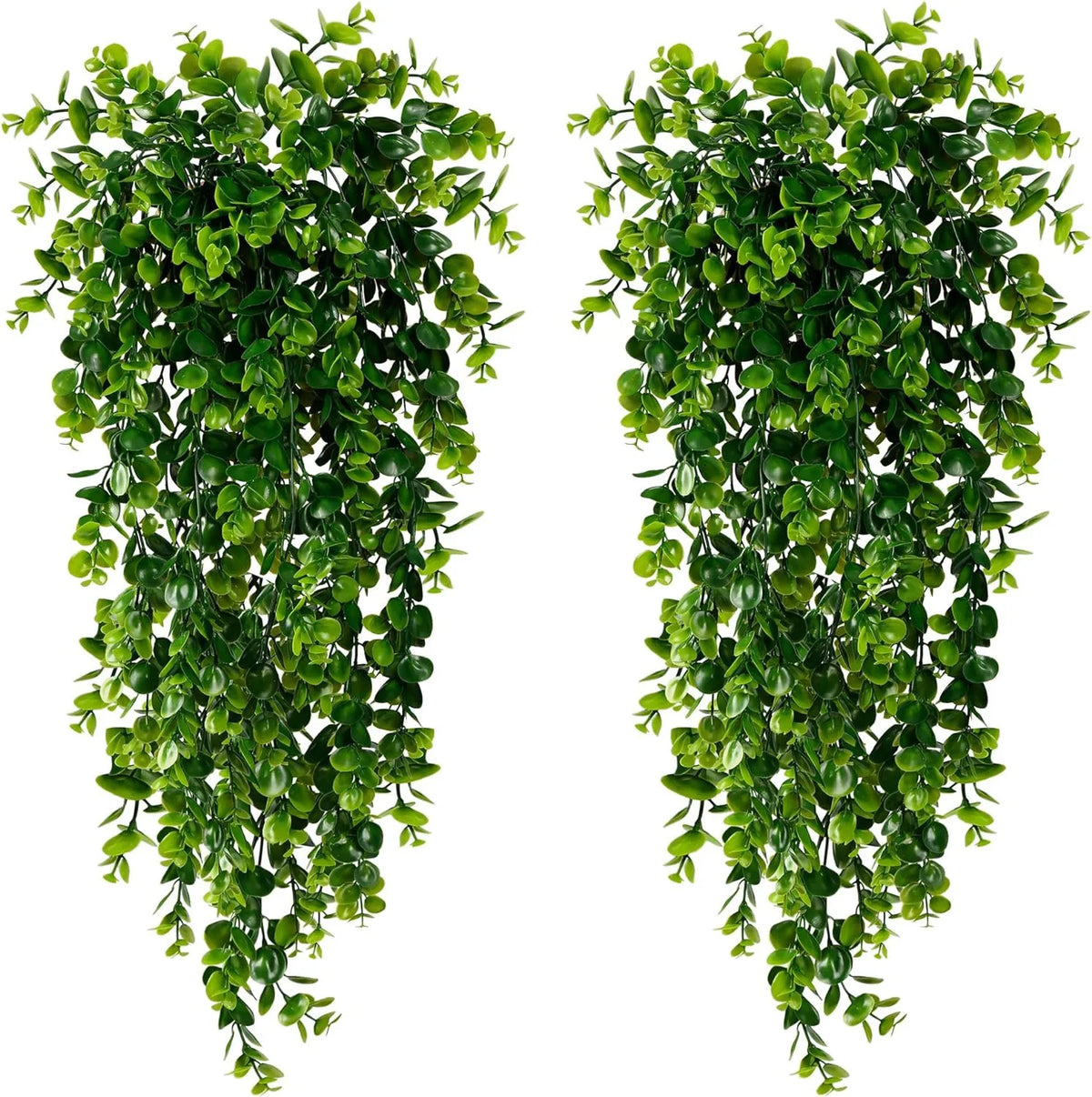Two vertical strands of artificial eucalyptus hanging plants used for home decor