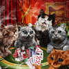 A group of cats playing poker around a green plate with cards and smoke in a richly decorated setting.