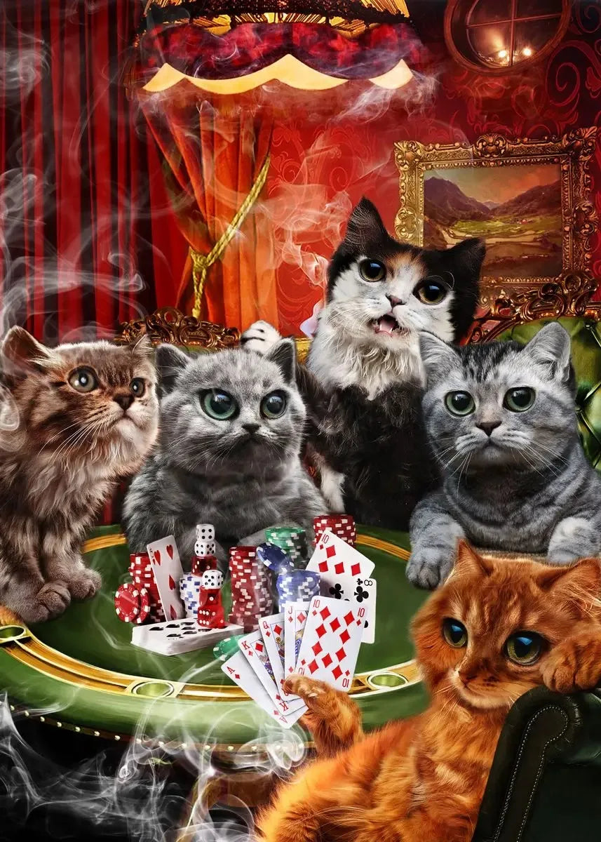 A group of cats playing poker around a green plate with cards and smoke in a richly decorated setting.