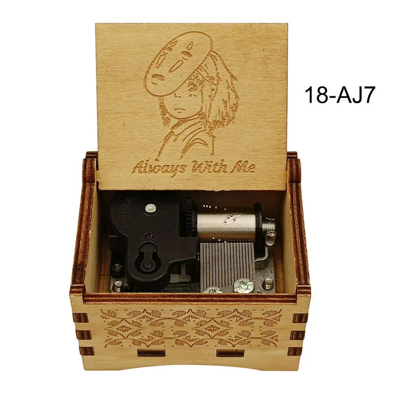 A wooden box containing a music melody box and an illustration of a character, labeled 18-AJ7.
