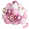 A cluster of pastel pink and white latex balloons with metallic gold confetti accents.
