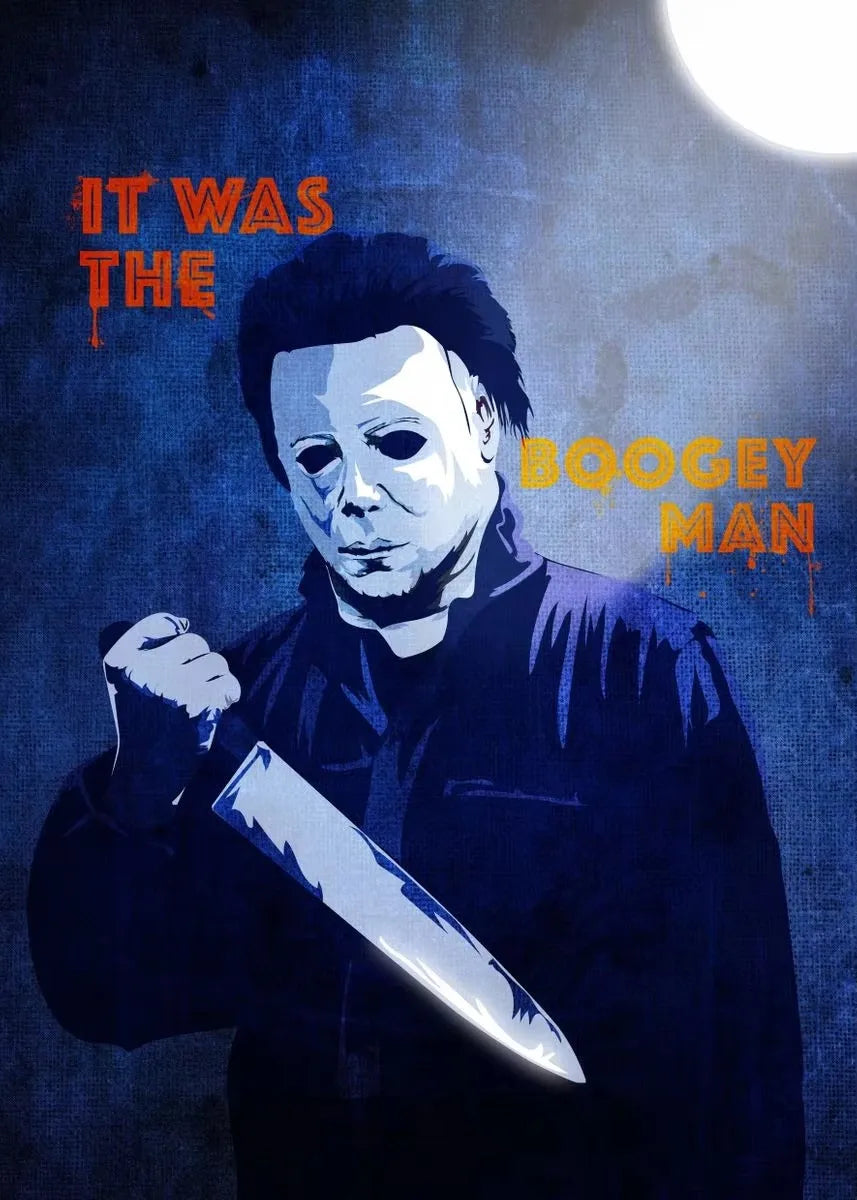 A stylized illustration of Michael Myers from the horror movie 'Halloween' with a knife, set against a dark blue background.