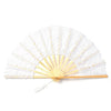 White vintage lace hand fan with a gold sunburst design and a tassel pendant