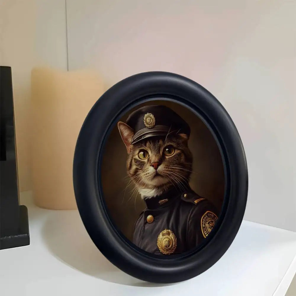A round black photo frame featuring a portrait of a cat wearing a military-style uniform.