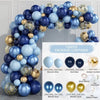 A balloon arch kit featuring metallic blue and gold balloons with confetti, including ribbon and chain.