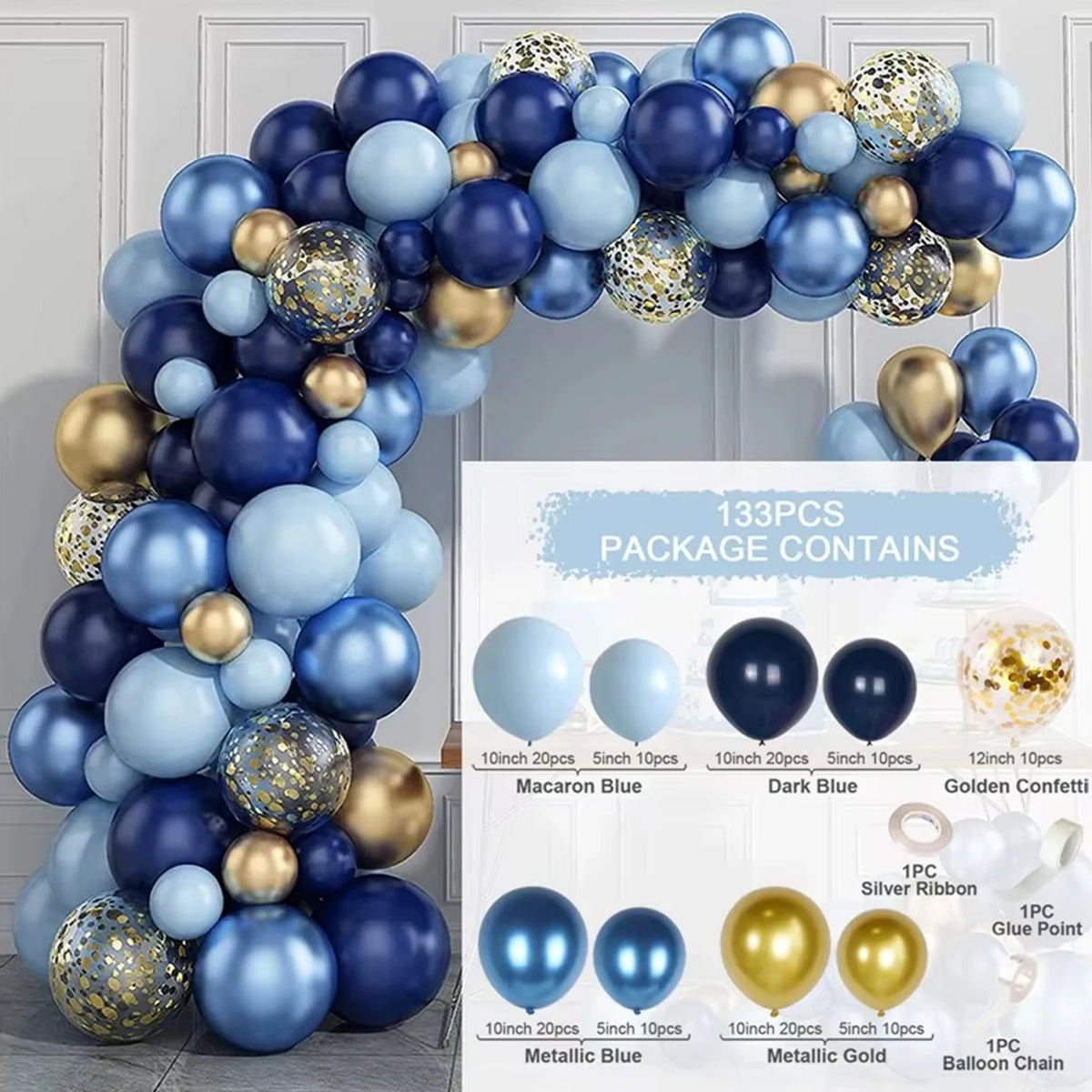 A balloon arch kit featuring metallic blue and gold balloons with confetti, including ribbon and chain.