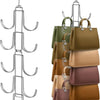 A silver 5-tier rotating organizer hanger with swivel hooks displaying several colored fabric bags.