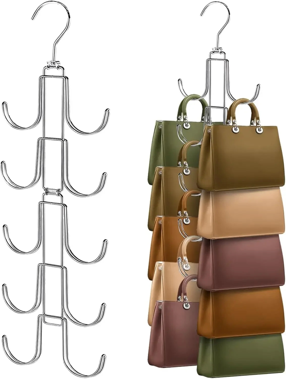 A silver 5-tier rotating organizer hanger with swivel hooks displaying several colored fabric bags.