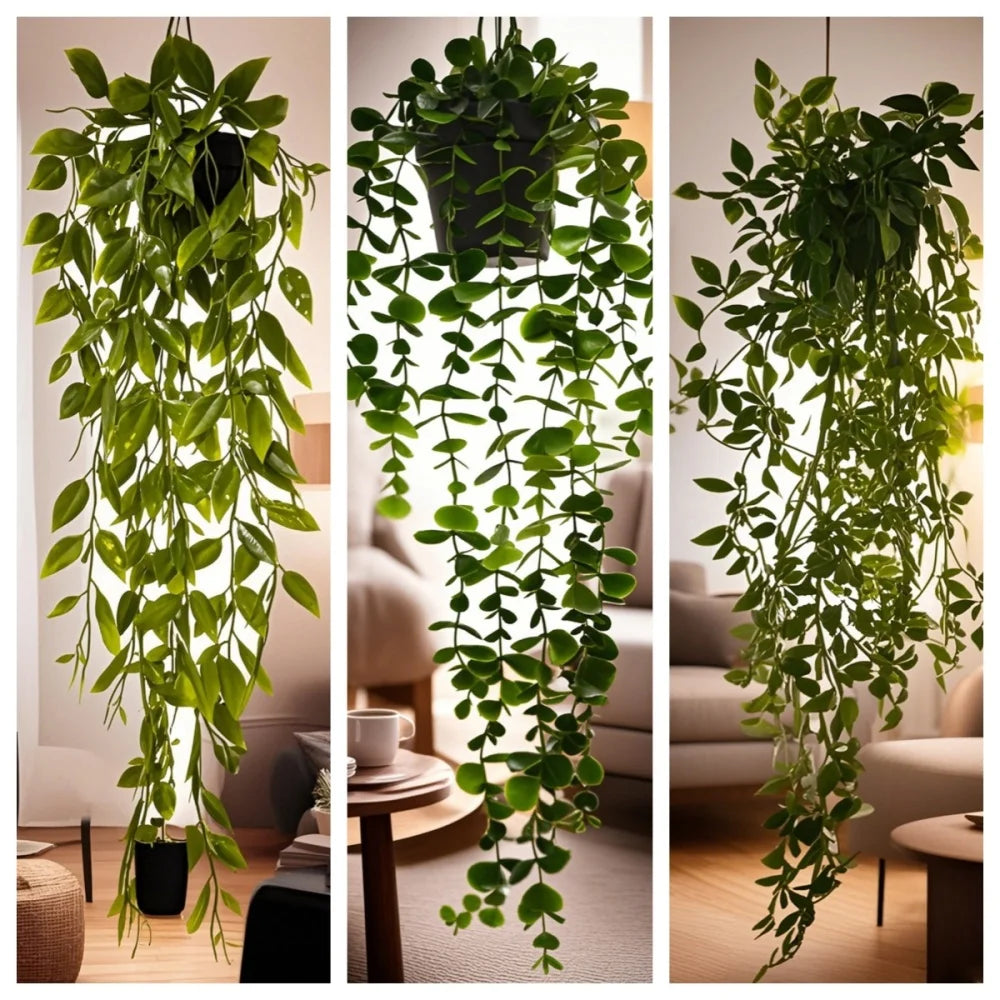 A long, cascading artificial plant featuring vibrant green foliage hanging indoors.