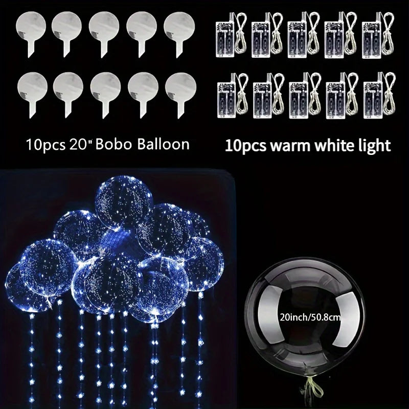 A set of 10 warm white light balloons and a cluster of blue LED illuminated balloons