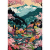 Ukiyo-e anime city street canvas wall art featuring vibrant pink cherry blossoms and traditional Japanese architecture agains