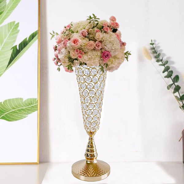 Jarrón de centro de mesa para boda de cristal plateado y dorado con arreglo floral rosa y crema