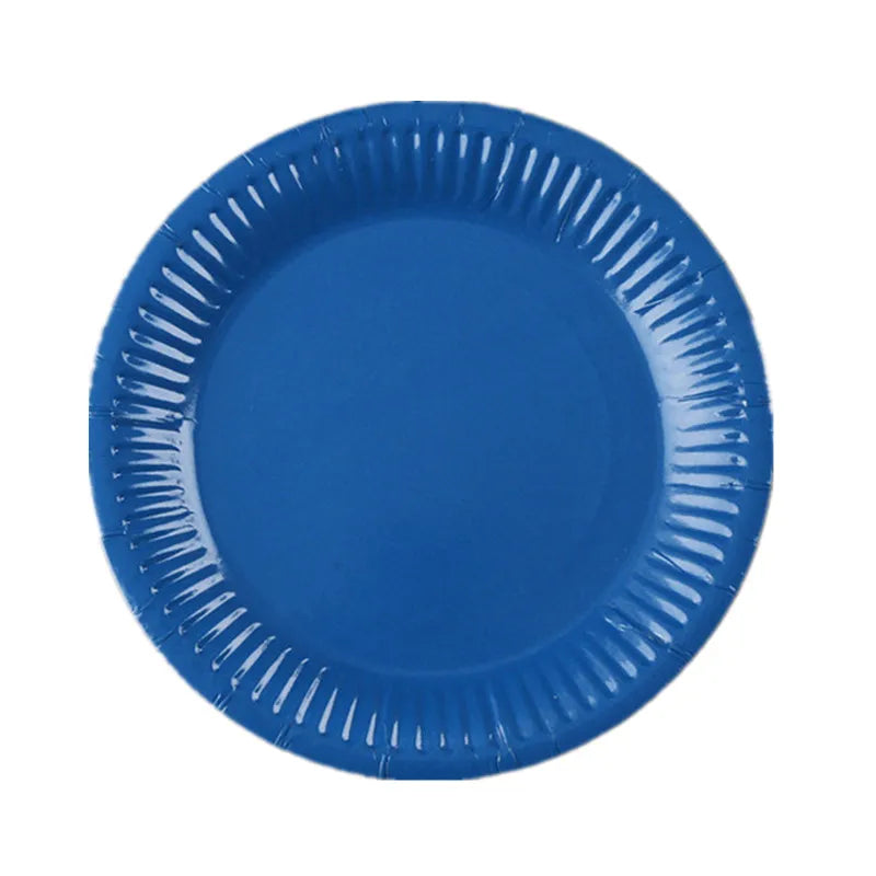 A blue disposable plate with ruffled edges.