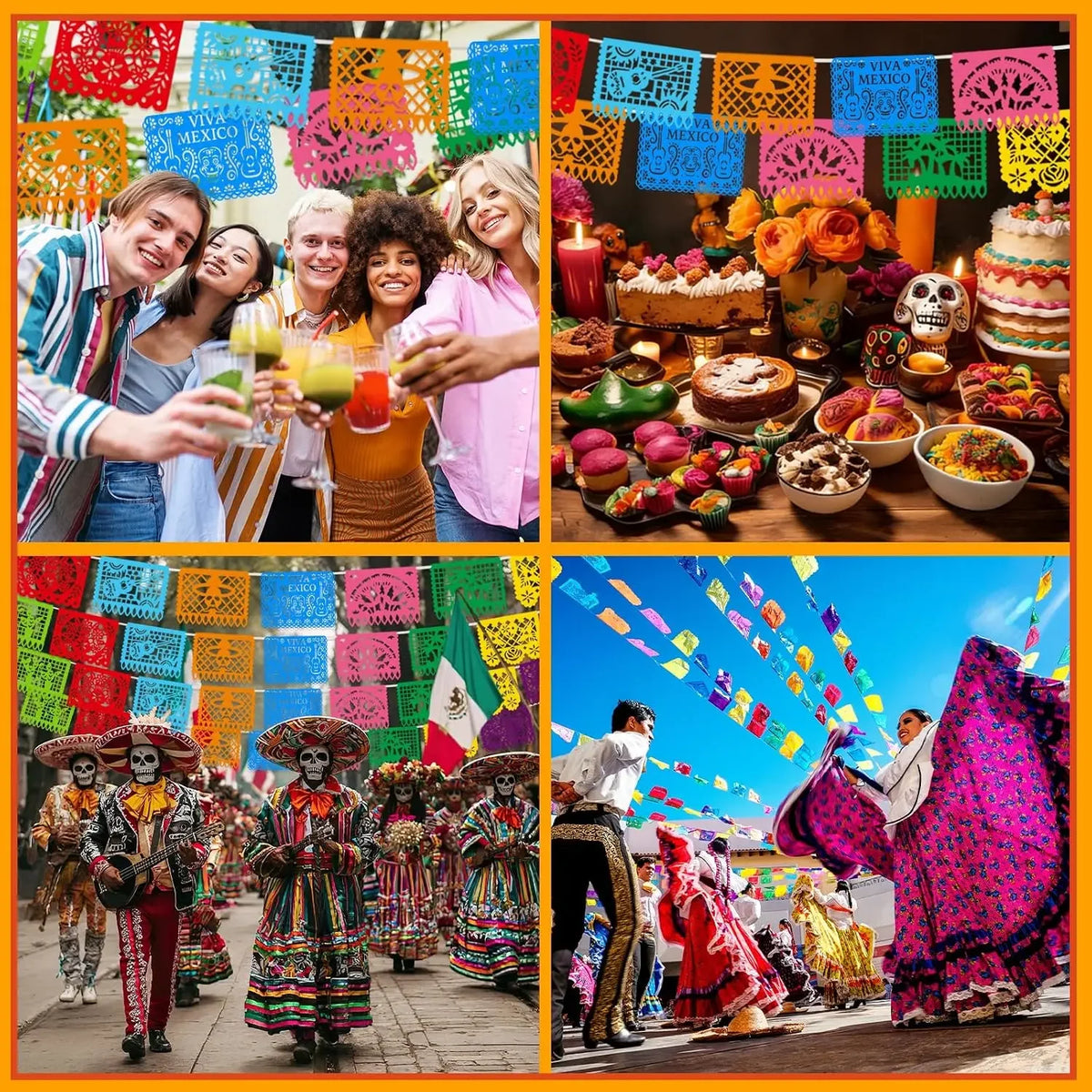 A colorful fiesta papel picado bunting banner displayed in various festive arrangements.